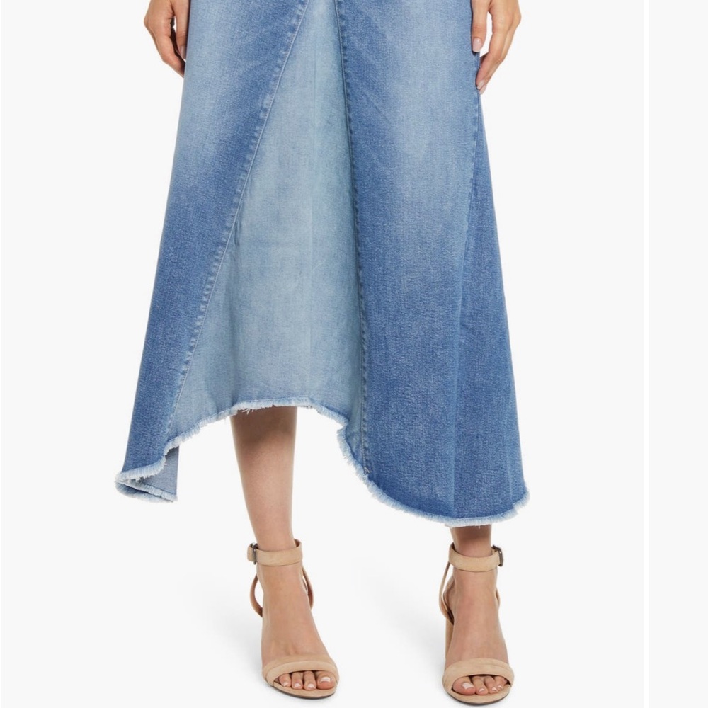 Denim Midi Skirt Frayed Hem EUC